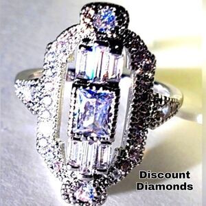 2.51 Ct.White Diamond  & White Baguette Diamond Cocktail Ring 14K White Gold 925